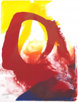 Paul Jenkins, Aspects d’Amadeus et les Autres, lithograph; dynamic red, yellow, and blue abstract forms with fluid movement.