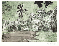 Peter Doig Black Palm etching of tropical landscape with leaning black palm tree and green textured surroundings.