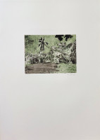 Peter Doig Black Palm etching of tropical landscape with leaning black palm tree and green textured surroundings.