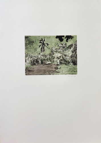 Peter Doig Black Palm etching of tropical landscape with leaning black palm tree and green textured surroundings.