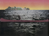 Peter Doig Canoe Island silkscreen with lone figure in red canoe on dark water, green island in distance, under yellow to pink gradient sky