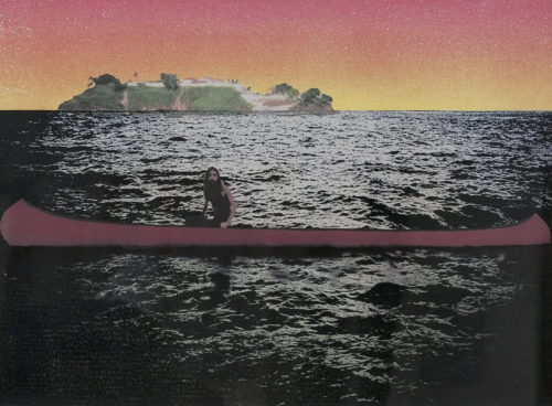 Peter Doig Canoe Island silkscreen with lone figure in red canoe on dark water, green island in distance, under yellow to pink gradient sky