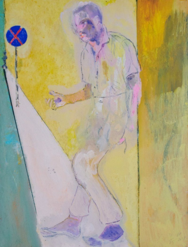 Peter Doig Ten To One Is Murder 2019 digital pigment print of ghostly male figure walking past no parking sign in pastel tones. 