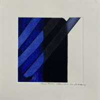 Pierre Soulages Screenprint no. 17 abstract black and blue diagonals in small square format, signed and dated 1990.