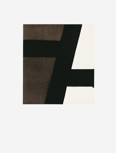 Pierre Soulages Lithographie n° 21 1969 lithograph with bold black geometric shapes on white Arches paper background. Pierre Soulages Lithographie n° 21 1969 lithograph with bold black geometric shapes on white Arches paper background.