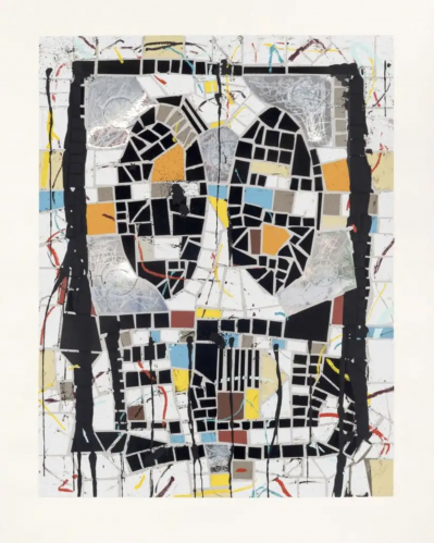 Rashid Johnson Broken Men silkscreen with geometric mosaic of two abstract heads, black lines, color blocks, and mylar collage.  