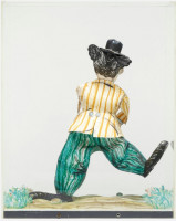Red Grooms, Charlie Chaplin, 3-D lithograph, plexiglass box, Chaplin in yellow-striped jacket and teal pants, playful stance.