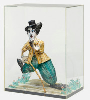 Red Grooms, Charlie Chaplin, 3-D lithograph, plexiglass box, Chaplin in yellow-striped jacket and teal pants, playful stance.