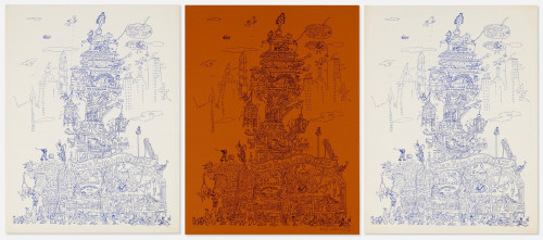 Red Grooms City of Chicago lithograph posters with cartoon tower, surreal figures and Chicago skyline details.