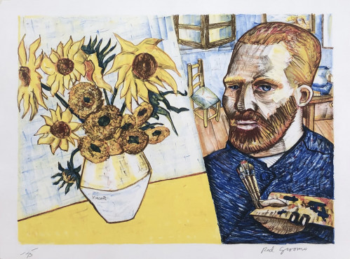 Red Grooms Van Gogh with Sunflowers lithograph showing Van Gogh beside vase of sunflowers in bold cartoonish style. 