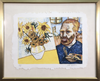 Red Grooms Van Gogh with Sunflowers lithograph showing Van Gogh beside vase of sunflowers in bold cartoonish style. 