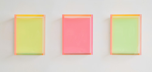 Regine?Schumann Colormirror glow after rose gent fluorescent plexiglass panels in rose green yellow with glowing optical layers