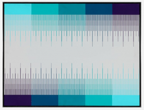 Richard Anuszkiewicz Soft Gray 1975 acrylic on panel with vertical turquoise to violet lines over gray field creating optical rhythm