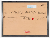 Richard Anuszkiewicz Soft Gray 1975 acrylic on panel with vertical turquoise to violet lines over gray field creating optical rhythm