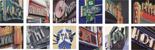 Robert Cottingham's American Signs, 2009, series of twelve screen prints featuring close-ups of neon signage and marquees in vivid colors.