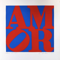 Robert Indiana AMOR aquatint etching showing bold red AMOR text in two lines on blue square background