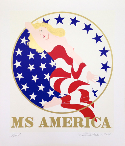 Robert Indiana Marilyn Ms. America screenprint of stylized nude Monroe wrapped in American flag within star circle, bold graphic style. 