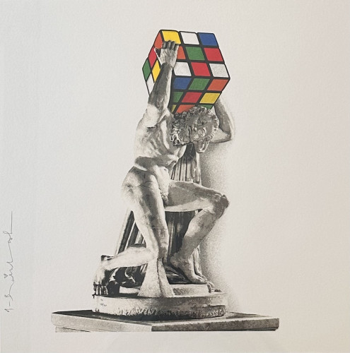 Mr. Brainwash Rubik’s Atlas screenprint of grayscale Atlas sculpture carrying a colorful Rubik’s Cube instead of the celestial sphere.