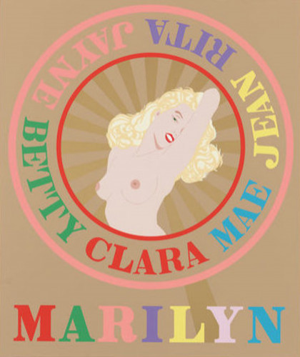 Robert Indiana Sunburst Marilyn screenprint with nude stylized Marilyn Monroe surrounded by pastel names and sunburst background. 