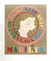 Robert Indiana Sunburst Marilyn screenprint with nude stylized Marilyn Monroe surrounded by pastel names and sunburst background. 