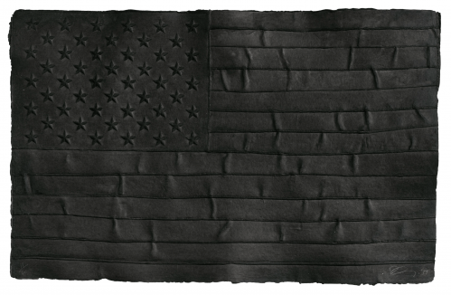 Robert Longo Black Flag cast-paper relief of U.S. flag rendered entirely in textured black with embossed stars and stripes.