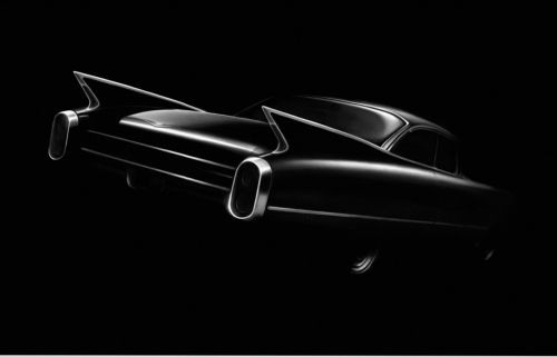 Robert Longo Cadillac pigment print of classic car rear with tailfins in black-and-white emerging from a black background.