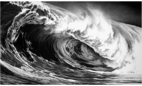 Robert Longo Godzilla pigment print of dramatic black-and-white crashing wave rendered in hyperrealistic, high-contrast detail.