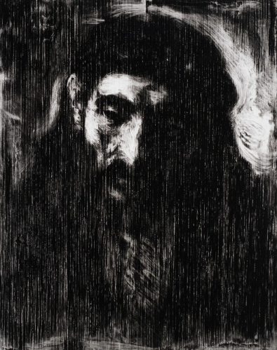 Robert Longo Head of Christ pigment print with ghostly Christ face emerging from dark vertical streaks in black and white.   