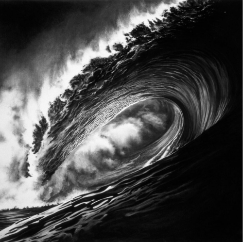 Robert Longo Hell’s Gate pigment print of curling ocean wave in black and white with dramatic contrasts and dynamic textures.