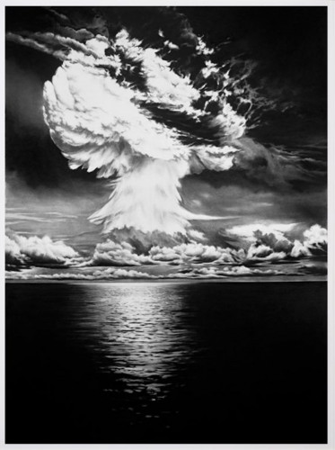 Robert Longo Ivy Mike pigment print showing a massive mushroom cloud over calm ocean in dramatic black-and-white contrast. Robert Longo Ivy Mike pigment print showing a massive mushroom cloud over calm ocean in dramatic black-and-white contrast.