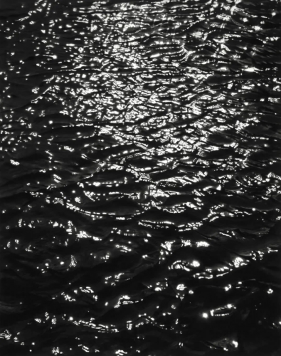 Robert Longo Rippling Water archival pigment print showing shimmering water surface in black and white with bright light reflections. 