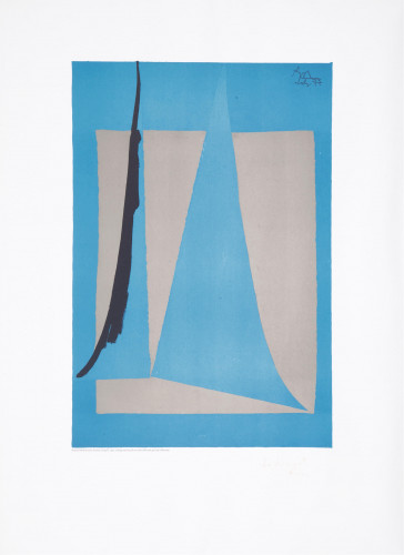 Robert Motherwell Newport Opera lithograph, abstract blue and grey geometric forms on white background, signed lower right.