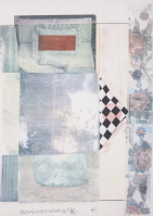 Robert Rauschenberg, Arcanum III (1981), screenprint with collage featuring layered imagery including a red rectangle, a bed pillow, floral fabric, a blue glass object, and black-and-white checkered pattern;