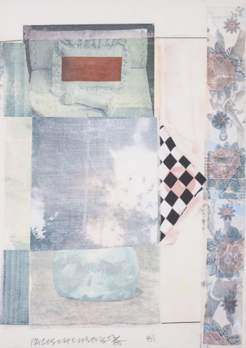 Robert Rauschenberg, Arcanum III (1981), screenprint with collage featuring layered imagery including a red rectangle, a bed pillow, floral fabric, a blue glass object, and black-and-white checkered pattern;