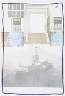 Robert Rauschenberg Arcanum VII screenprint with fabric and thread collage showing a ship, calculators, and architectural motifs.