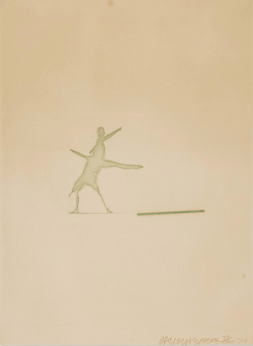 Robert Rauschenberg Cunningham Relief embossing with green dancer silhouette and horizontal bar on cream background