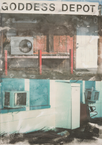 Robert Rauschenberg In Transit Goddess Depot 2001 color lithograph with split storefront and turquoise wall imagery  