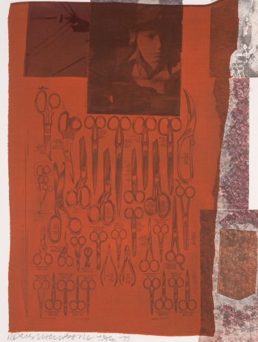 Robert Rauschenberg More Distant Visible Part of the Sea lithograph with red scissors chart, layered photos, and textured elements. 