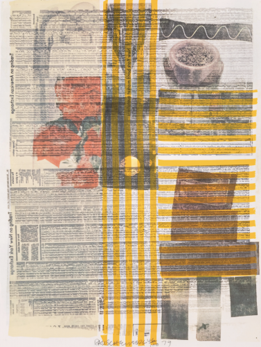Robert Rauschenberg One More and We Will Be More Than Halfway There lithograph with yellow stripes over collage of text and images. Robert Rauschenberg One More and We Will Be More Than Halfway There lithograph with yellow stripes over collage of text and images.