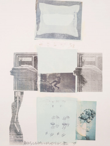 Robert Rauschenberg Two Reasons Birds Sing lithograph with collage of photographic images, screenprint in subtle blue and gray tones.