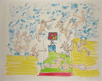 Roberto Matta Plate 6 from Fog Gog Magog lithograph with floating abstract figures and central monitor in surreal composition