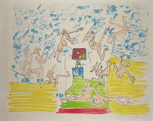 Roberto Matta Plate 6 from Fog Gog Magog lithograph with floating abstract figures and central monitor in surreal composition