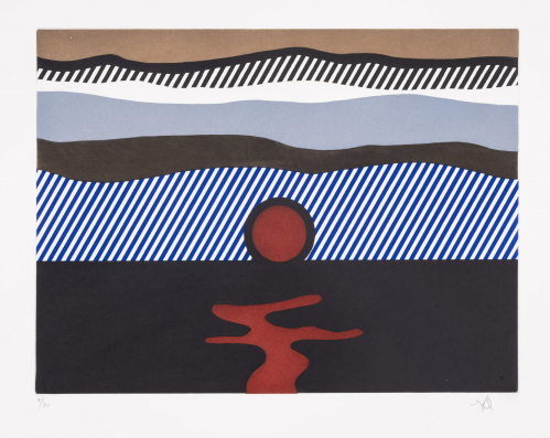 Roy Lichtenstein abstract color etching with red sun, bold stripes, and layered landscape forms in graphic Pop Art style.