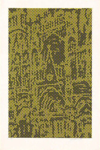 Roy Lichtenstein Cathedral #5 lithograph with dense black Ben-Day dots on yellow background forming abstracted cathedral structure.