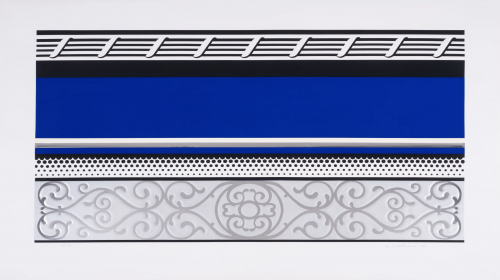 Roy LICHTENSTEIN | Roy Lichtenstein, Entablature V (1976), screenprint with silver foil and embossing, abstract architectural bands in blue, black, and silver motifs. V (Corlett 142) | Collage available for sale on composition gallery