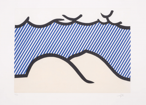 Roy Lichtenstein etching with curved hills, diagonal blue stripes suggesting sky, and bold black outlines in Pop Art style.