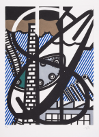 Roy Lichtenstein Une Fenêtre ouverte sur Chicago etching with bold black lines, industrial forms, and blue striped background