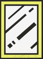 Roy Lichtenstein Mirror screenprint with diagonal black bars on white, framed by bold yellow and black border.