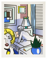 Roy Lichtenstein Roommates relief print showing two women in stylized interior with Ben-Day dots and comic book aesthetics.