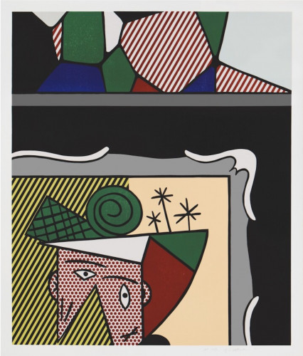 Roy Lichtenstein Two Paintings print with abstract shapes above and Cubist-style Pop Art portrait below in bold colors and comic style
